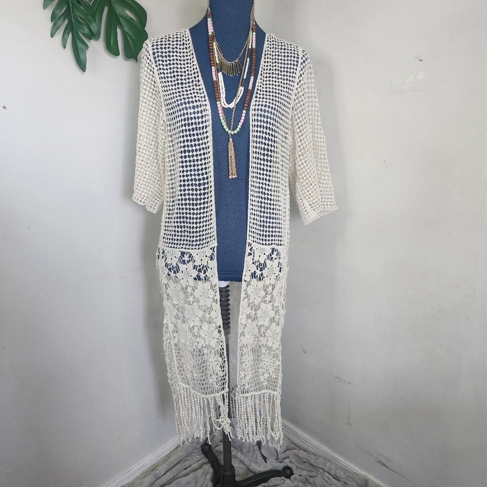 Raj Ivory Mesh Crochet Kimono